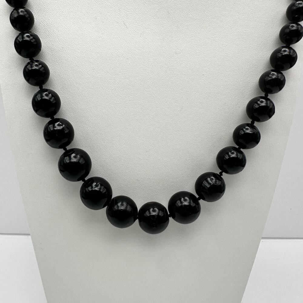 Necklace Vintage Black Graduated Bead Hand Knotted Statement Strand Glossy